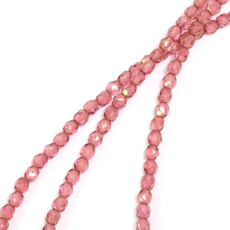 Fil de perles de Bohème rondes facettées rose irisé doré transparent 4mm