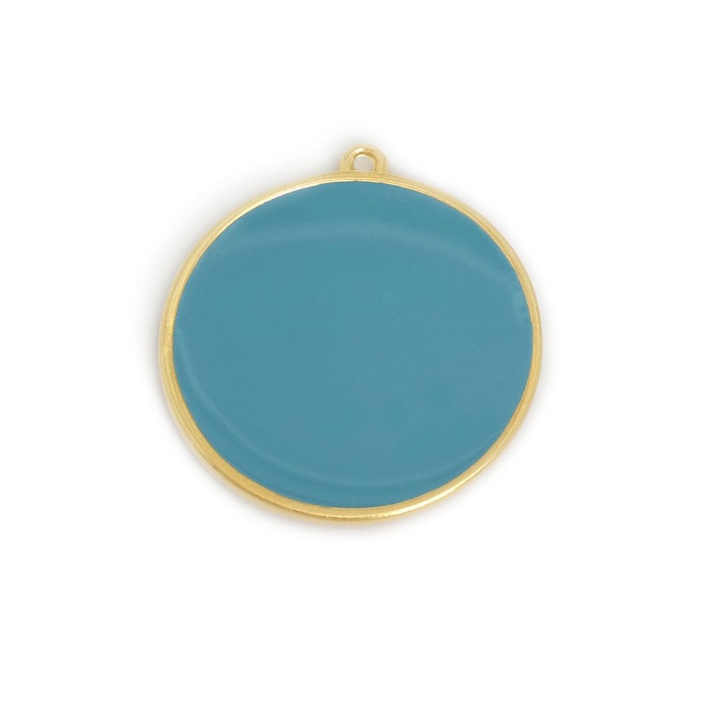 Pendentif rond 30mm émaillé Bleu des Indes en Zamak doré Or 24K