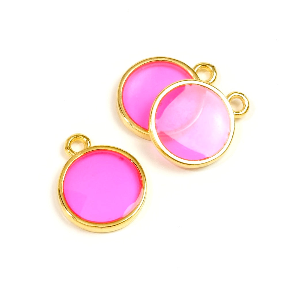 2 Pendentifs vitraux rond en Zamak doré 24K Fuchsia