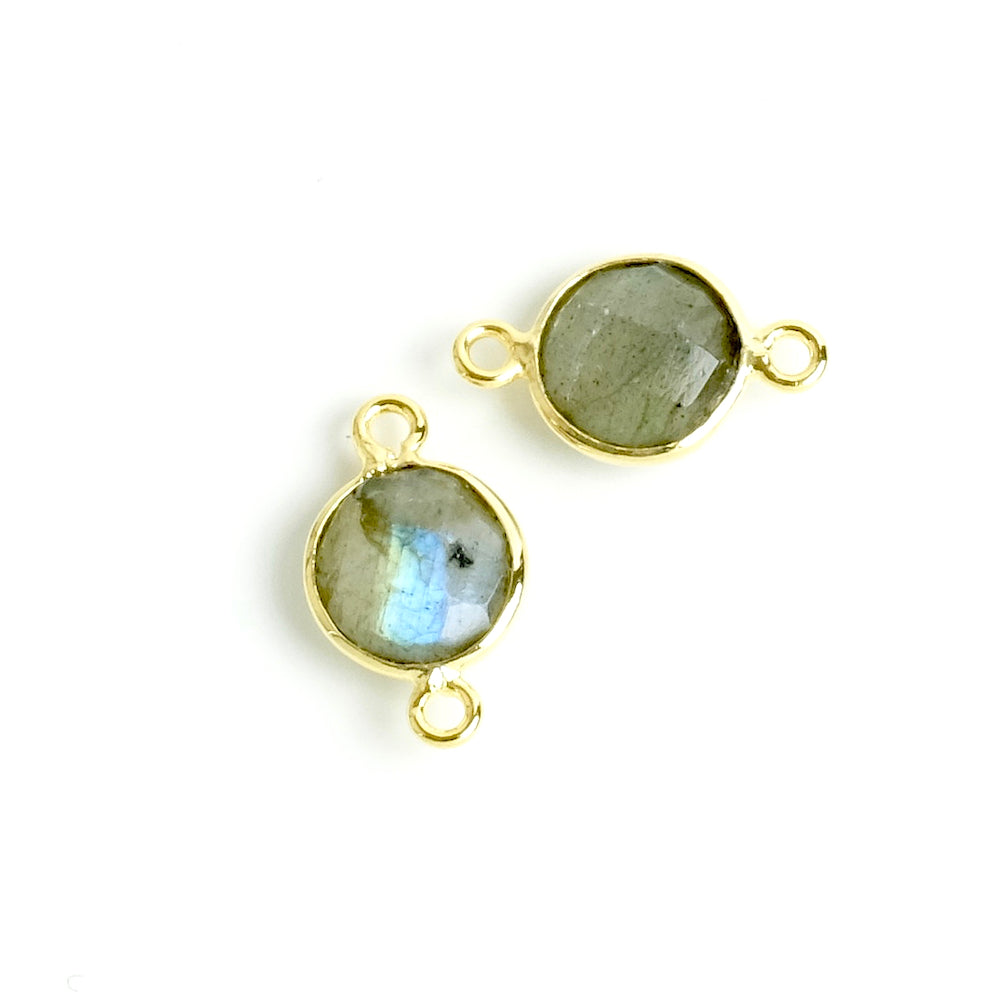 Connecteur sertis rond 8mm de Labradorite en laiton Doré à l&#39;or fin 24K