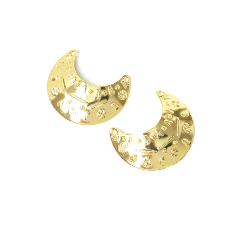 2 Pendentifs demi-lune Ethnique en laiton doré à l'or fin 24K