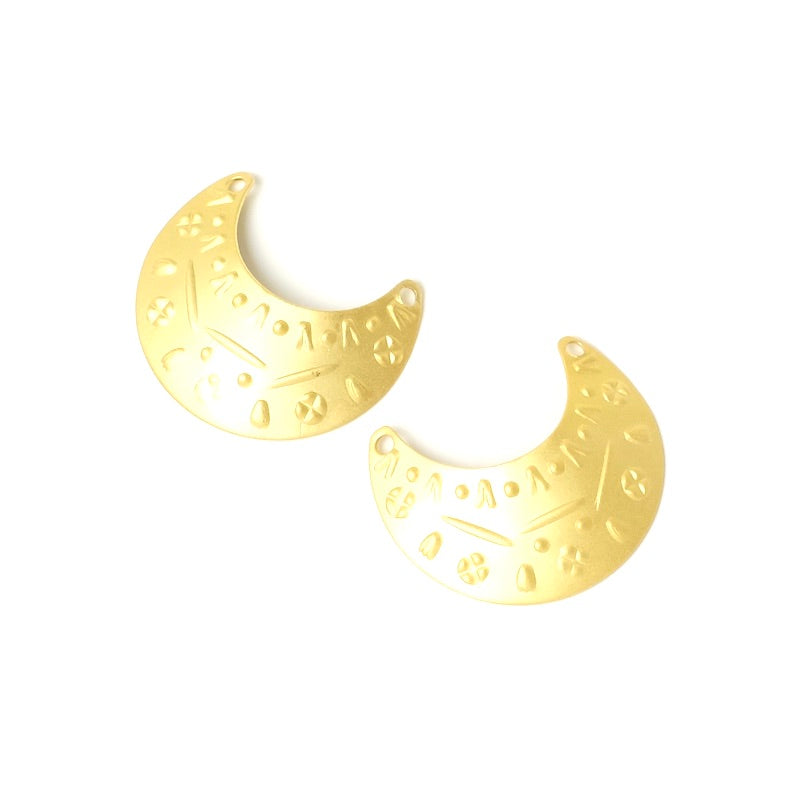 2 Pendentifs demi-lune Ethnique en laiton doré mat à l&#39;or fin 24K