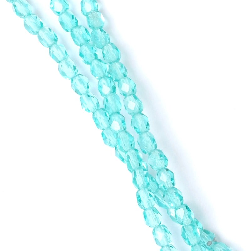 Fil de perles de Bohème rondes facettées vert aqua transparent 4mm