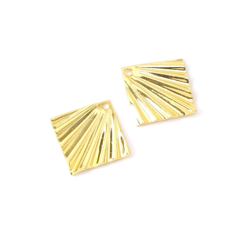 2 pendentifs losange ondulé 18mm en laiton Doré à l&#39;or fin 24K Premium