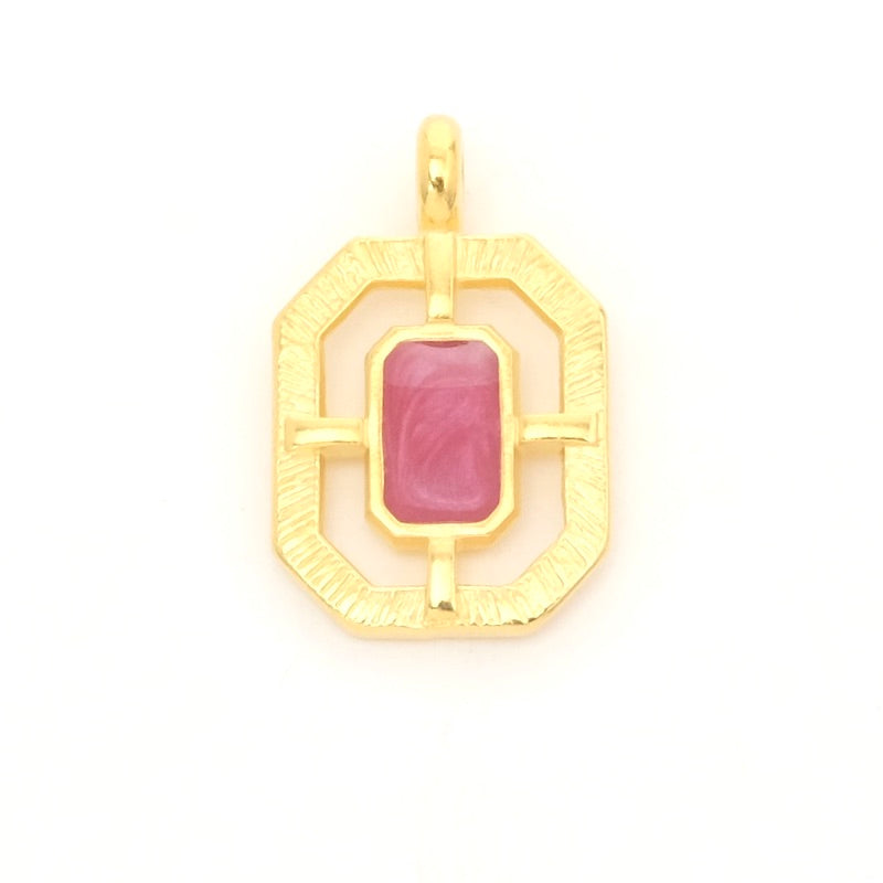 Pendentif cadre hexagone émaillé effet fuchsia doré 24K